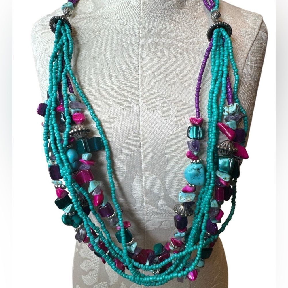 Real Turquoise & Glass Gemstone Multi Strand Necklace - Picture 4 of 7